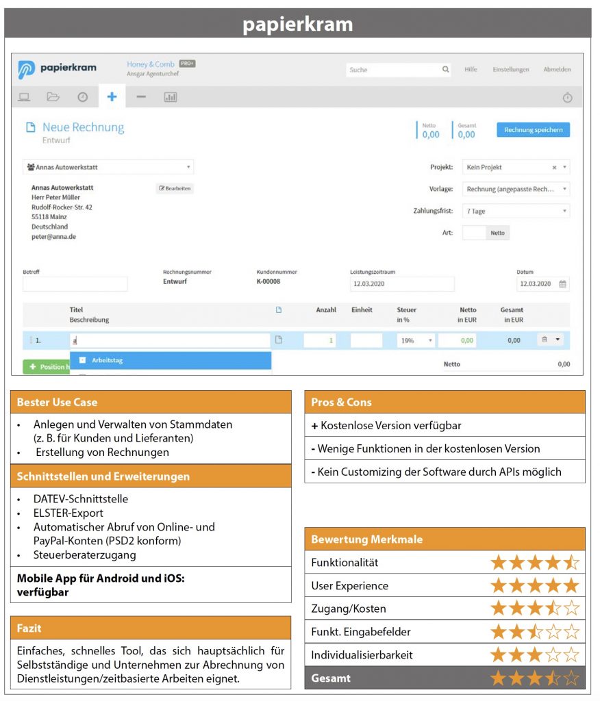 Produkttest: ERP-Lösungen für Small Office/Home Office 4 Testauswertung papierkram